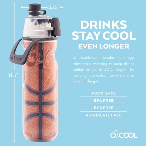 O2COOL Mist 'N Sip Misting Water Bottle 2-in-1 Mist And Sip Function With No Leak Pull Top Spout Reusable Sports Water Bottle - 20 oz (2 Pack Basketball)