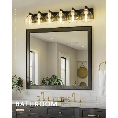 Bathroom Light Fixtures, 6-Light Black and Gold Bathroom Vanity Light, 38 Inch Modern Wall Sconces with Globe Clear Glass Shade, Vanity Lighting Fixtures Over Mirror, VL195-KG-6