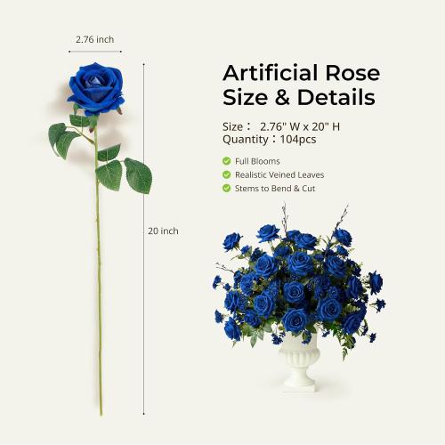 Auihiay 104PCS Blue Roses, Realistic Silk Velvet Blue Artificial Flowers | Lifelike Faux Roses for Bridal Bouquet, Home Decor, Valentine's Day, Wedding Centerpieces, Nautical Party