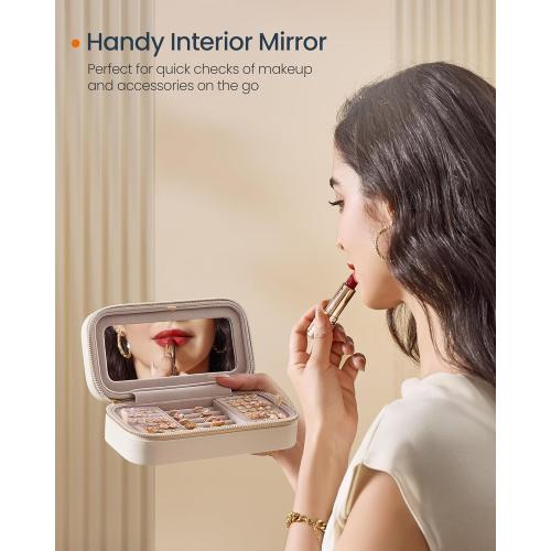 SONGMICS HOME Travel Jewelry Case, Travel Jewelry Box Organizer with Mirror, 4.1 x 8 x 2.4 Inches, Stitching, Portable, Christmas Gift, Cloud White UJBC180W01