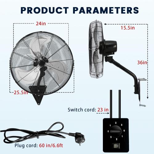Yellow blade 24 Inch Wall Mount Fan, Heavy Duty Oscillating Wall-Mounted Fan with 8500 CFM, High Velocity 3 Speed Fans Indoor with Adjustable Tilting for Workshop, Garage, Patios, Commercial and Industrial