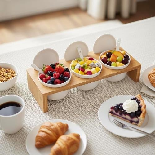 MyGift 10 Pcs Sauce Serving Dish, Hosting Party Essentials Host Gift, 3 Ceramic Ramekin Chip Dip Bowls with Lids & Spoons, Premium Bamboo Server Tray, Condiment Pot Entertaining