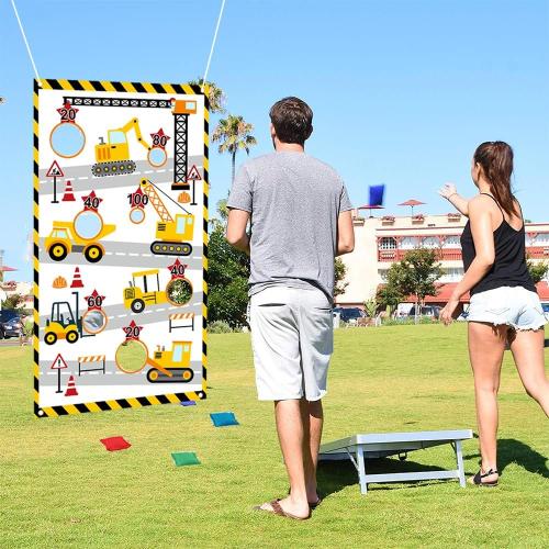 Construction Truck Toss Game Banner with 4 Bean Bags ，Indoor Outdoor Excavator Throwing Theme Party Game Banner with 7 Score Holes for Adults Birthday Party Decorations （Yellow）