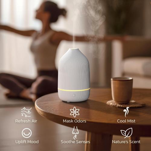 Essential Oil Diffuser, 100ml Aromatherapy Diffuser, Mini Ultrasonic Diffuser for Essential Oil, Home, Office, Cool Mist Humidifier with 7 Led Light, Auto Shut-Off, White