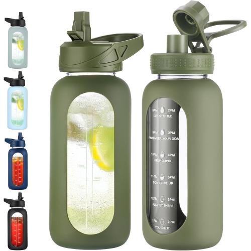 32 oz Glass Water Bottle with Straw and Handle, Sports Motivational Water Flask with Silicone Sleeve, Large Leakproof Water Flask Cup with Time Marker for Travel, Gym, Army Green