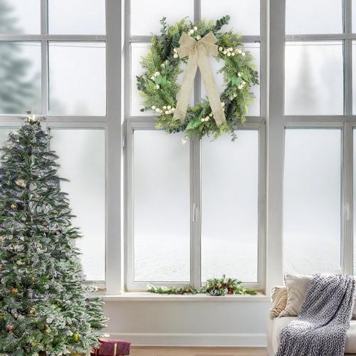 24-Inch Spring Greenery Wreath – Faux Pine & Eucalyptus Mixed Botanical Wreath with White Meadow Berries & Natural Burlap Bow – Modern Farmhouse Front Door Decor for Year-Round Use