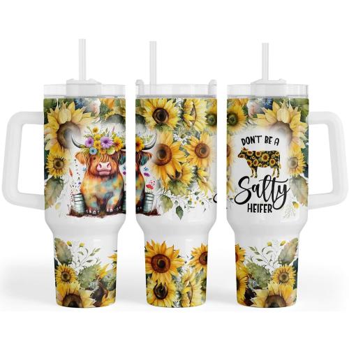 Fancyfams Highland Cow tumbler, 40 oz Stainless Steel Tumbler with Handle Lid and Straw, Cow Gifts for Women Print Mug Cups Lovers Themed Gifts Cute Stuff (Salty 40oz)
