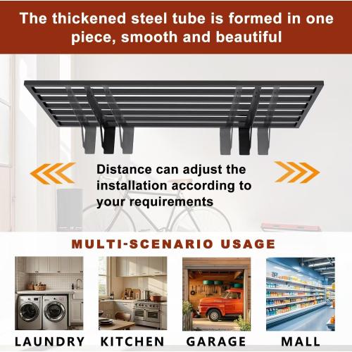 2 Pack Garage Wall Mounted Shelf System, 3.87'×1.64' Heavy Duty Steel storage Shelving with 6 Hooks, 2 shelves with stands 600lbs, Black