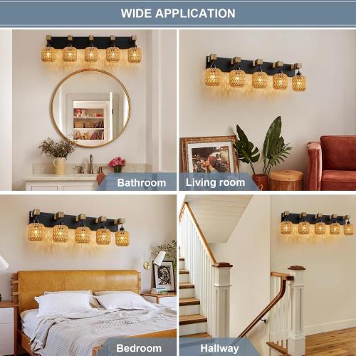 5 Light Bathroom Vanity Light Fixtures, Rustic Style Wood Bathroom Wall Sconce, with Boho Wicker Lampshade, Rattan Black Farmhouse Wall Sconce for Bedroom, Hallway, and Living Room