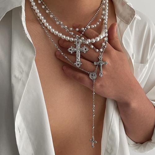 Silver Layered Cross Necklace Set For Women, 4Pcs Pearl Rosary Choker Chunky Christian Pendant Vintage Long Y Gold Necklace Stack Religious Statement Boho Gothic Adjustable Jewelry Gift