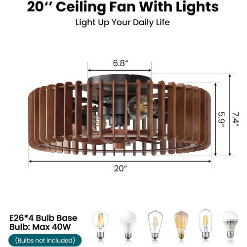 20'' Flush Mount Caged Ceiling Fan with Light, Wooden Low Profile Ceiling Fan with Light and Remote, 6 Speed and Reversible, Farmhouse Bladeless Fan Lights for Bedroom, Kitchen