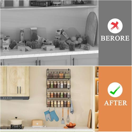 X-cosrack Upgraded Foldable Large 4 - Tier Wall Mounted Spice Rack Organizer, Stackable Storage with 5 Hooks, Holds 80 Jars for Kitchen Pantry Organization (Patent:D909138S)