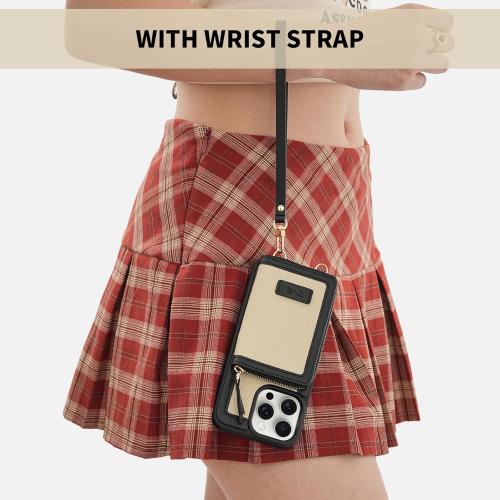 Size iPhone 15 Pro Color Black and Beige ZVE Crossbody Wallet Case for iPhone 15 Pro Detachable Wrist Strap Zipper Leather Protected Case Card Holder, Compatible with iPhone 15 Pro 6.1-inch Purse Cover (Black with Beige)