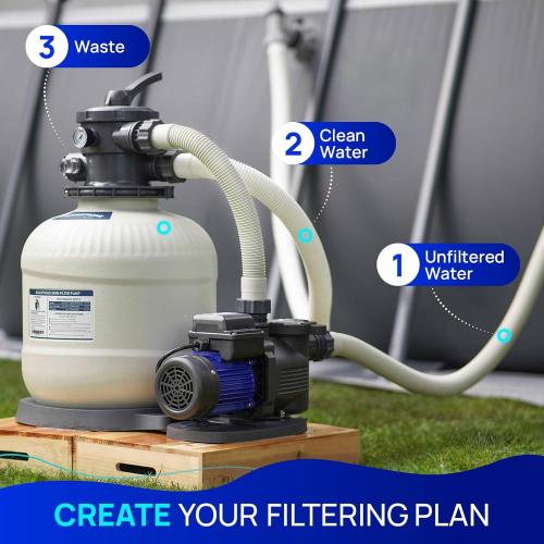 Grey AQUASTRONG Sand Filter Pump for Above Ground Pool with Timer, 1/2 HP Pool Pump Max 2500 GPH for Pools up to 9000GAL, 12in Pool Sand Filter with 6-Way Valve, Improved Circulation for Crystal-Clear Pool