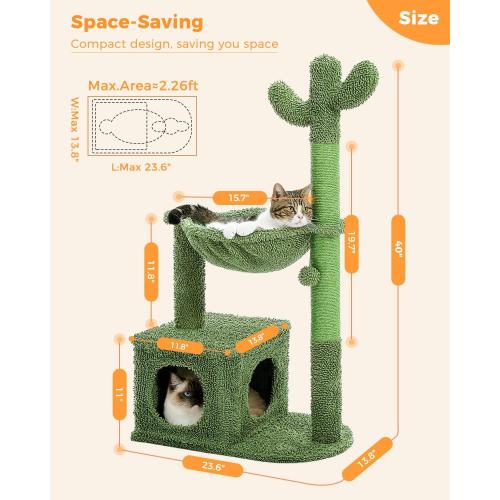 Cactus Cat Tree 40 Cat Tower with Large Metal Carpet Hammock, Cat Scratching Post for Indoor Cats with Condo & Replaceable Toy Ball, Green