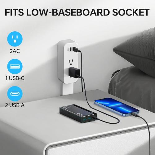 Electrical Outlet Extender Stick 2pack | 180° Swivel | Extends 23-35 in for Hard-to-Reach Places | 2 AC Outlets   3 Ports (USB-C/USB-A) for Bed, Dorm, Office & Sofa