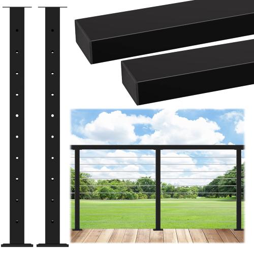 36 Fixed Top Level Drill Cable Railing Post 2Pack Bundle with 6'6'' Stainless Steel Rectangular Black Handrail 2Pack