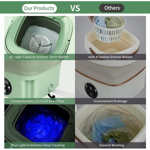 Portable Washing Machine,8L Mini Folding Bucket Washer with Drainage Pipe & 4 Clothes Clips for Socks Underwear Baby Clothes,Suitable for Apartment Camping RV Travel laundry (110V-240V) (Green)