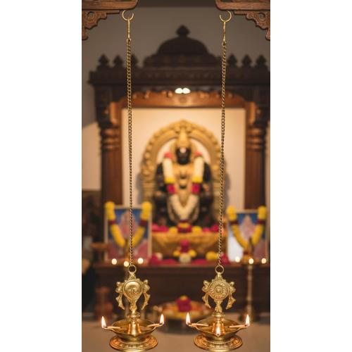 StonKraft - Pair of Brass Hanging Diya, Oil Lamp, Lamp for Home and Office (Hanging Length 25.75)