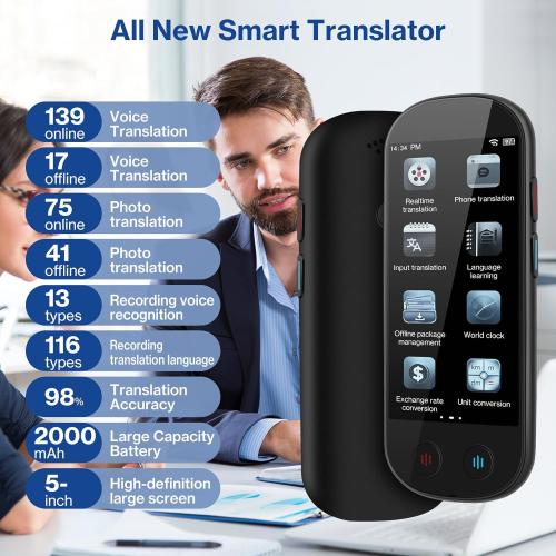 Language Translator Device, Real-Time 2-Way VoiceTranslation in 139 Languages, Support Offline Mode and Photo Translation, Handheld AI Translator for Travel, Study