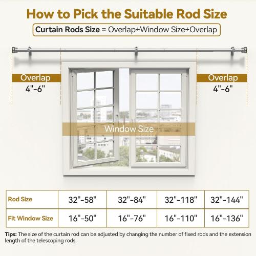 YaFex Curtain Rods 32-144 Inch, Heavy Duty 1 Inch Adjustable Curtain Rod for Windows, Silver Extra Long Window Treatment Rods, Modern Design, Easy Installation