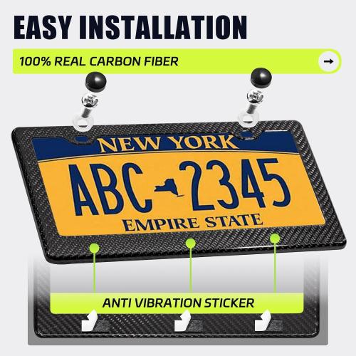 Real Carbon Fiber License Plate Frame, 100% Pure Carbon Fiber Frame, Black License Plate Holder Cover with Screw Caps, Anti-Vibration Pads, (Twill 2 Hole)