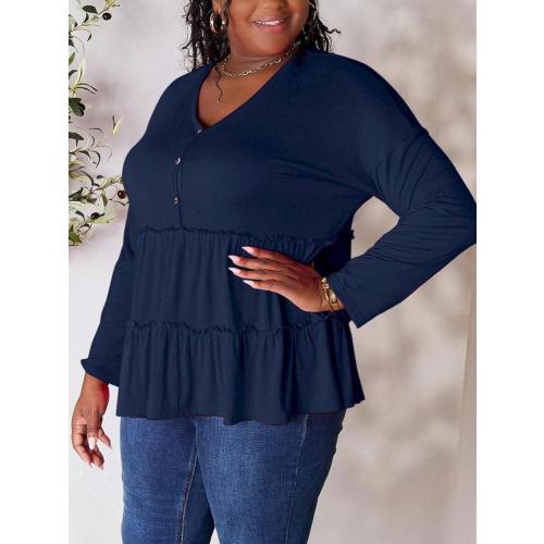 SIZE XLWomen's Casual Blouse Ruffle Layered Half Button Blouse Top Charcoal Lightweight Knit Fabric Long Sleeve Button-Front