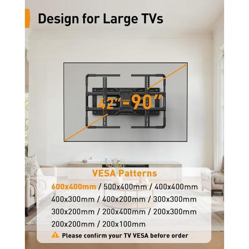 Perlegear AuraFrame™ Pre-Assembled TV Wall Mount with LED Light for 42″–90″ TVs up to 150 lbs, Full Motion Wall Mount, Tilt, Swivel & Extension, TV Backlights with Music Sync, Max VESA 600 x 400mm