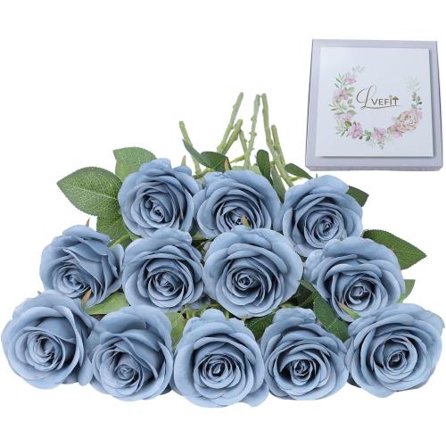 Artificial Rose Flower Artificial Flowers Flower with Long Stem Silk Roses Bouquet for Wedding Bridal Shower Party Home Decoration (Dusty Blue, 12 Pcs)