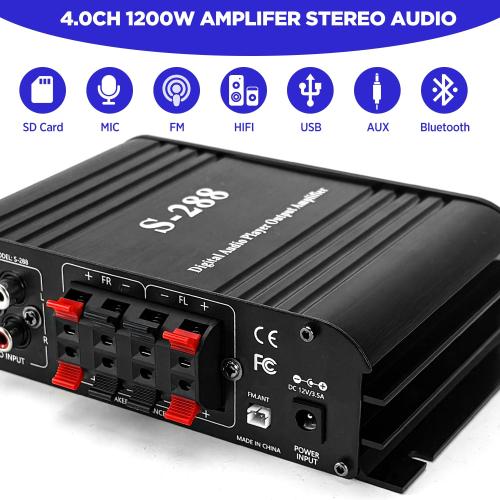 1200W Amplifier Home Audio 4 Channel, Bluetooth5.0 Small Amplifier, RMS 45Wx4, 300W*4 Peak Power Stereo Receiver with USB, SD, Class D Speaker Amp for Home Theater Karaoke RCA, Garage