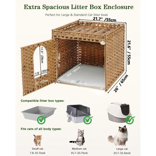 SETVSON Cat Litter Box Enclosure Furniture, Large PE Rattan Cabinet,Natural | Large PE Rattan Kitty House fits Large Litter Boxes, Included Litter Mat, 2 S-Hooks, Metal Frame, 21.6x26x21.6 In Cat Cabinet