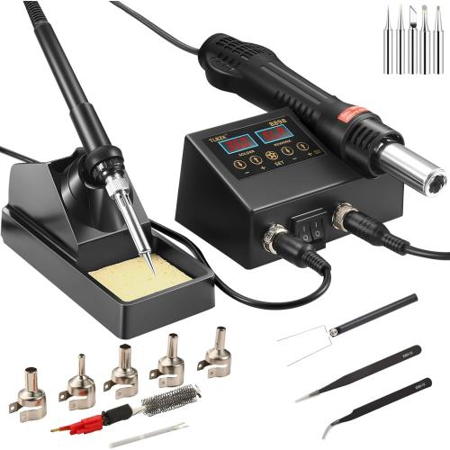 Rework Soldering Station, 2 in 1 SMD Hot Air Solder Station and Soldering Iron Kit Heat Gun with Soldering Tips, Hot Air Nozzles, Tweezers