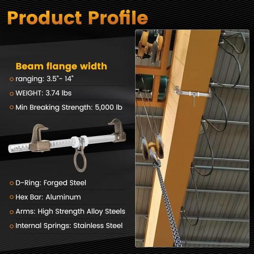Aluminum Sliding Beam Anchor, Adjustable To Fit I or H Fall Protection Beam Anchor with Flange Widths Ranging From 3.5 to 14”,Meets or Exceeds ANSI & OSHA
