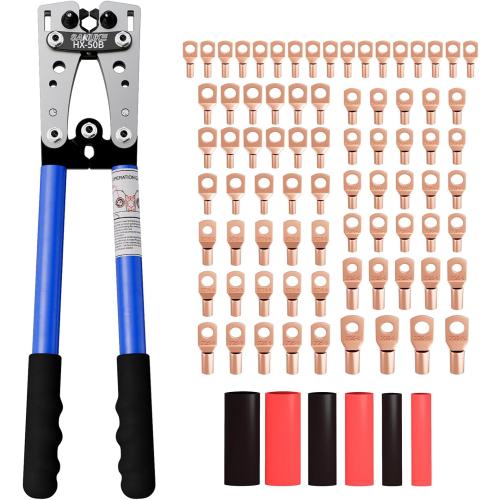 Sanuke Battery Cable Lug Crimping Tool for AWG10-1/0, Wire Crimper with 78pcs Copper Lug Ring Terminal Connectors, 110pcs Heat Shrink Tubing, Electrical Wire Crimping Tool Set