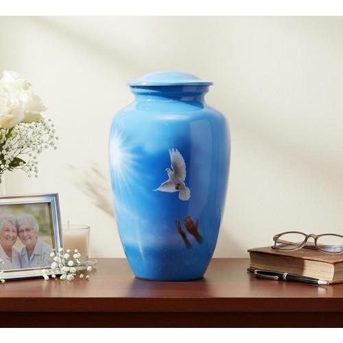 eSplanade Metal Cremation Urn Memorial Jar Pot Container | Full Size Urn for Funeral Ashes Burial | White Pigeon Print | Blue - 10 Inches