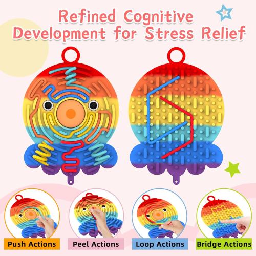 Silicone Sensory Activity Board,Double-Sided Busy Board for Fine Motor Skill,Fidget Toy for Calming, Stress, Anxiety, ADHD, Autism, Silent, No Mess, Kids 3  & Adults(Octopus,Colorful)