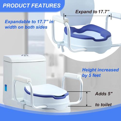 Toilet Seat Risers for Seniors,Adjustable Anti-Silp Handles & Thickened Cushion, Options for Elderly Handicap Medical Hip Replacement Surgery Lift,300 lbs, Easy Clean,Blue