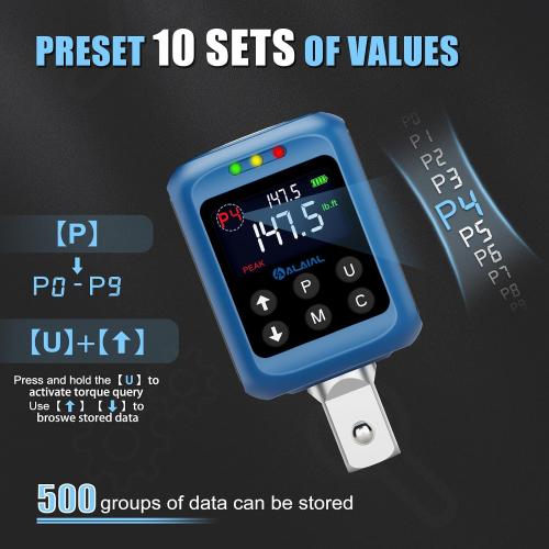 Digital Torque Adapter 1/2, 2.2-147.5 Ft-lb/3-200 Nm, Digital Torque Wrench Converter with ±2% Accuracy, Buzzer and LED Indicator, 2 Modes, 4 Units, 3/8'' & 1/4'' Adapters for Car, Moto