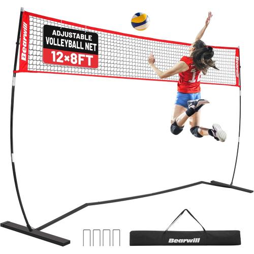 Volleyball Net, 12FT/20FT Portable Volleyball Net for Backyard | Freestanding Volley Ball Set, Height Adjustable with Carry Bag, Training Equipment for Indoor Outdoor Hitting Serving Drill