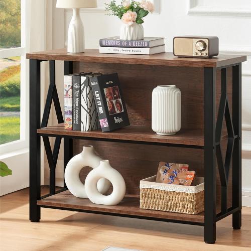 Size 35.43W x 12.6D x 30.9H.HOMISSUE Bookshelf, 3-Tier Rustic Short Bookshelf, Industrial Shelf Bookcase with Engineered Wood Shelves, Low Bookcase with Storage, Small Shelf for Living Room, Bedroom and Office, Rustic Brown