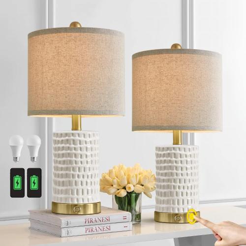PORTRES 19 Farmhouse 3-Way Dimmable Touch Ceramic Table Lamp Set of 2 White Bedside Lamps for Bedroom Lamps for Living Room Nightstand Lamp End Table lamps with USB A C Charging Ports(Bulbs Included)