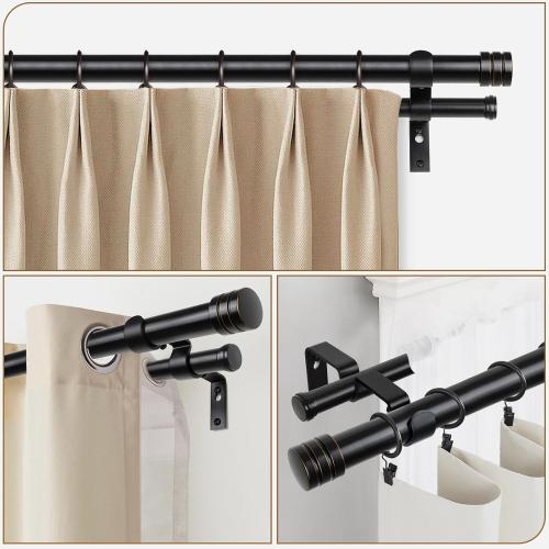 TONIAL1 Inch Double Curtain Rods for Windows 66 to 120 Inches, Heavy Duty Decorative Drapery Rod 32 to 144 Inches with Classic Cap Finial, Black