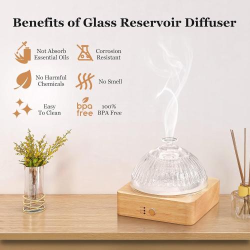 Light Brown Wood and Glass Essential Oil Diffuser with Glass Reservoir & Wood Base, 200ml Ultrasonic Lock Color Timer Auto-Off 7 Color Light Aroma Glass Dome Diffuser for Home Office Bedroom Yoga
