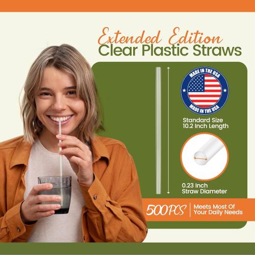 Plastic Straws 500 Pcs Individually Wrapped Clear Disposable Drinking Straw | 10.2 Long Made in USA - Straight Long Straws for Party, 0.23'' Diameter