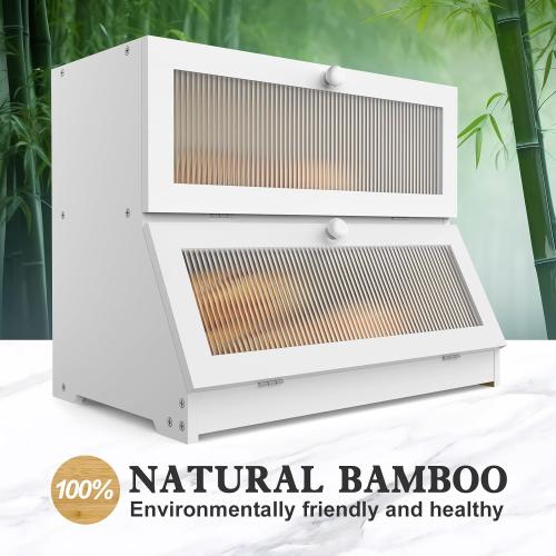 LOHASOK Bread Box for Kitchen Countertop,White | 2-layer, Bamboo, Large, Farmhouse Bread Container Holder Storage, Acrylic translucent window