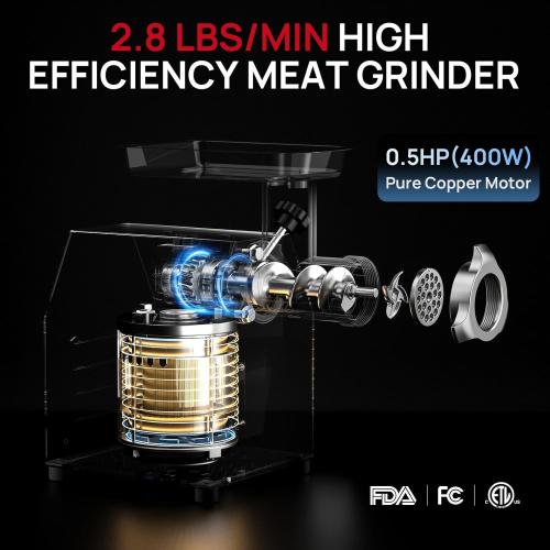 Electric Meat Grinder #8, 0.5HP Heavy Duty Industrial Stainless Steel Meat Mincer, Sausage Stuffer with 2 Blades, 2 Plates & 3 Sausage Tubes, Meat Grinder Machine for Home Use Butchering