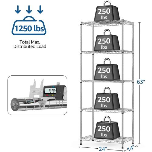Size 13.7 D x 23.6 W x 62.4 H 1250 lbs 5 Tier Shelf Metal Storage Shelves Wire Rack Closet Organizers with Wheel for Garage Kitchen Bathroom Laundry Chrome 13.7 D x 23.6 W x 62.4 H