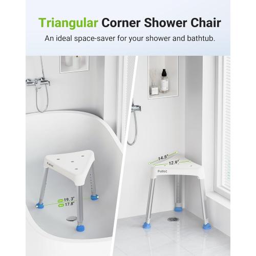 Space-Saving Triangular Shower Chair for Inside Shower, FSA/HSA Eligible 400 lbs Adjustable Shower Stool for Elderly and Disabled, Non-Slip Bathtub Chair with Stable-Bracing, Tool-Free Assembly, White