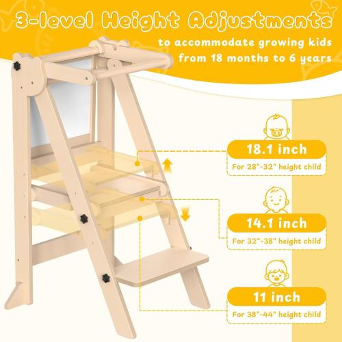 Foldable Toddler Tower, Wooden Toddler Kitchen Stool with 3 Adjustable Heights and Removable White/Blackboard, Montessori Foldable Learning Tower Kitchen Stool, Natural Wood