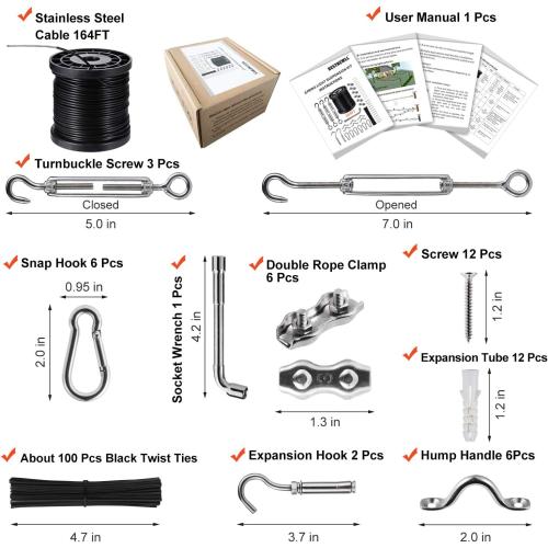 String Lights Hanging Kit,Globe String Lights Suspension Kit,Outdoor Light Guide Wire,Includ 164 FT Nylon-Coated Stainless Steel Wire Rope Cable,Turnbuckle and Hooks,Enough Accessories,Use Manual